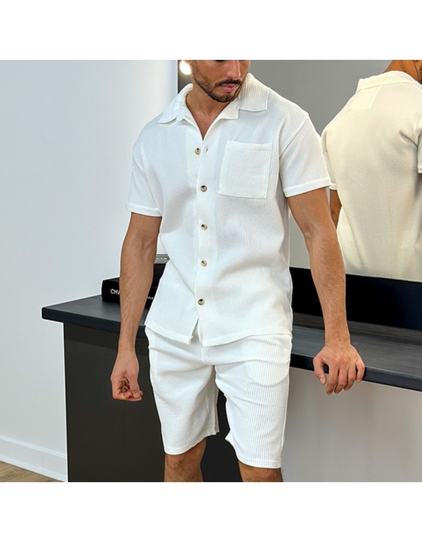 Men Fashion Casual Solid Color Stripe Short Sleeve Lapel Shirt Shorts Set