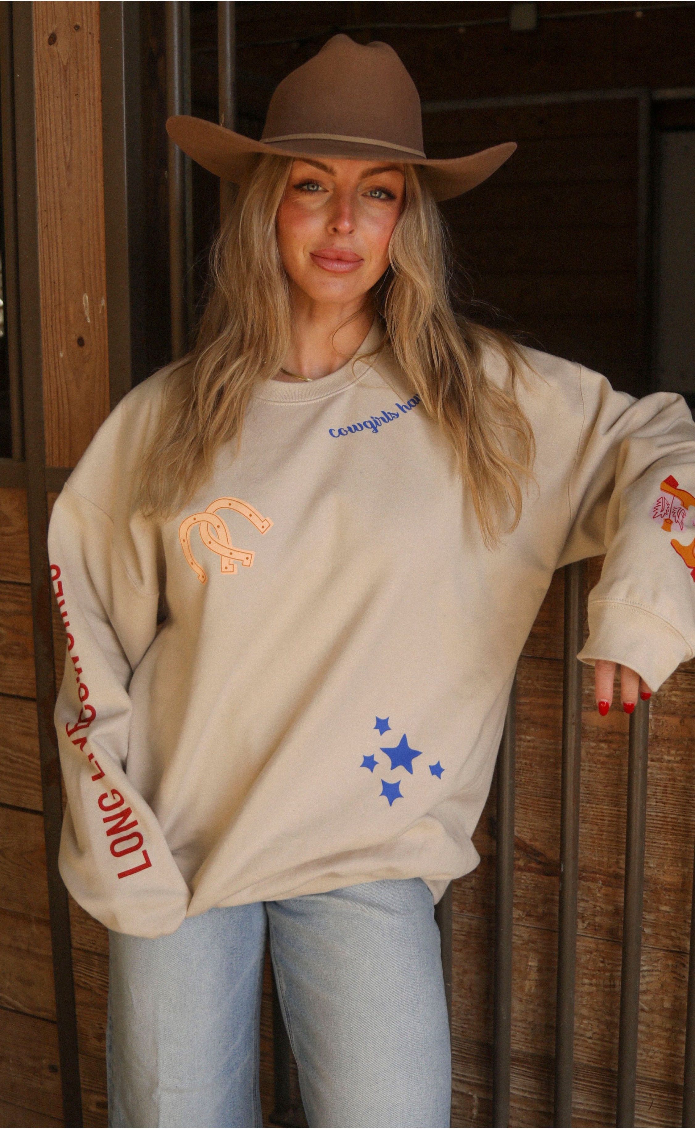 Cowgirls Patchwork Crewneck Sweatshirt – Trendy Western-Inspired Pullover with Patchwork Accents, Perfect for Fashion-Forward Cowgirl Vibes