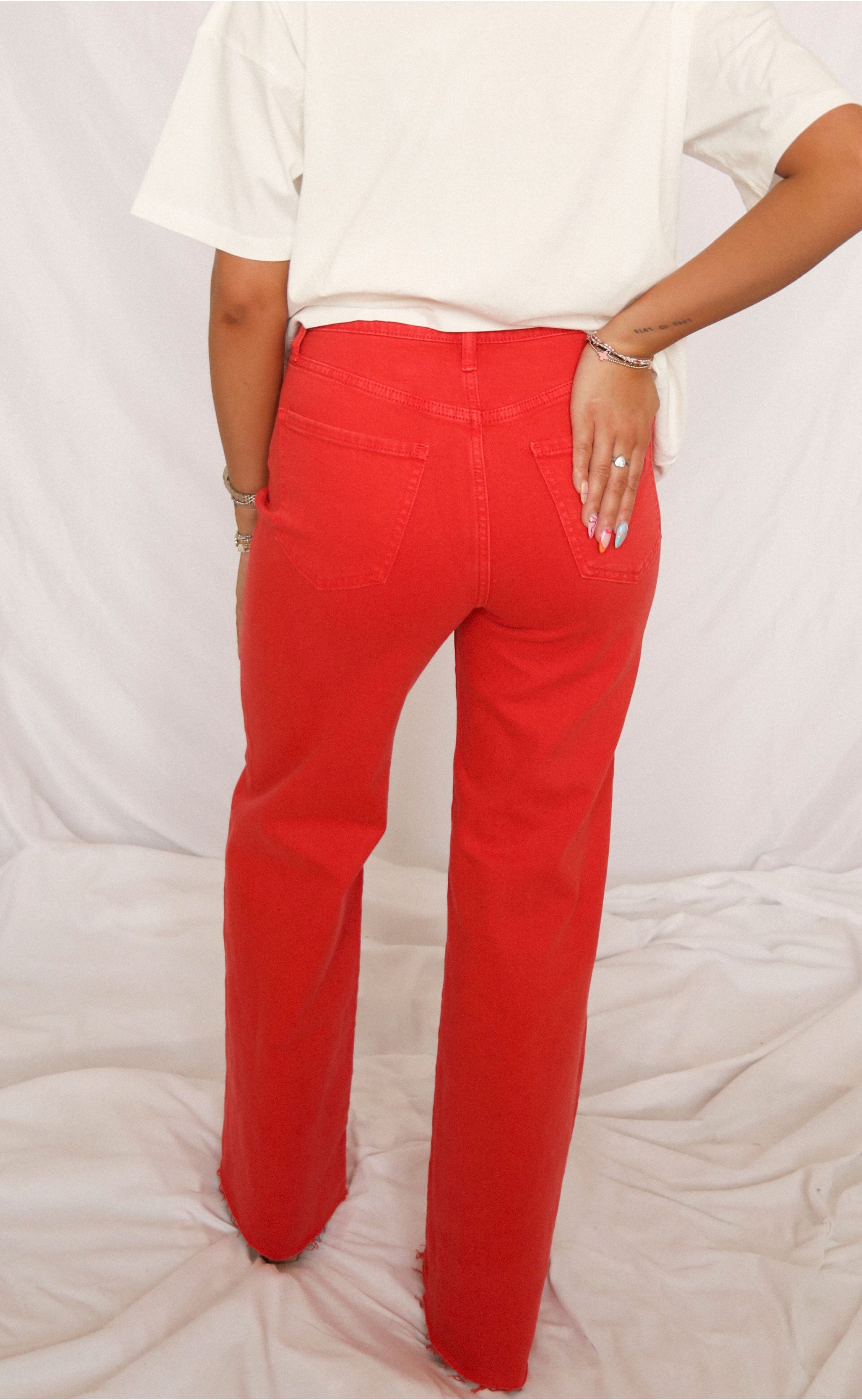 Farout High Rise Wide Leg Jeans – Cherry: Stand Out with Classic Denim and a Pop of Cherry Red