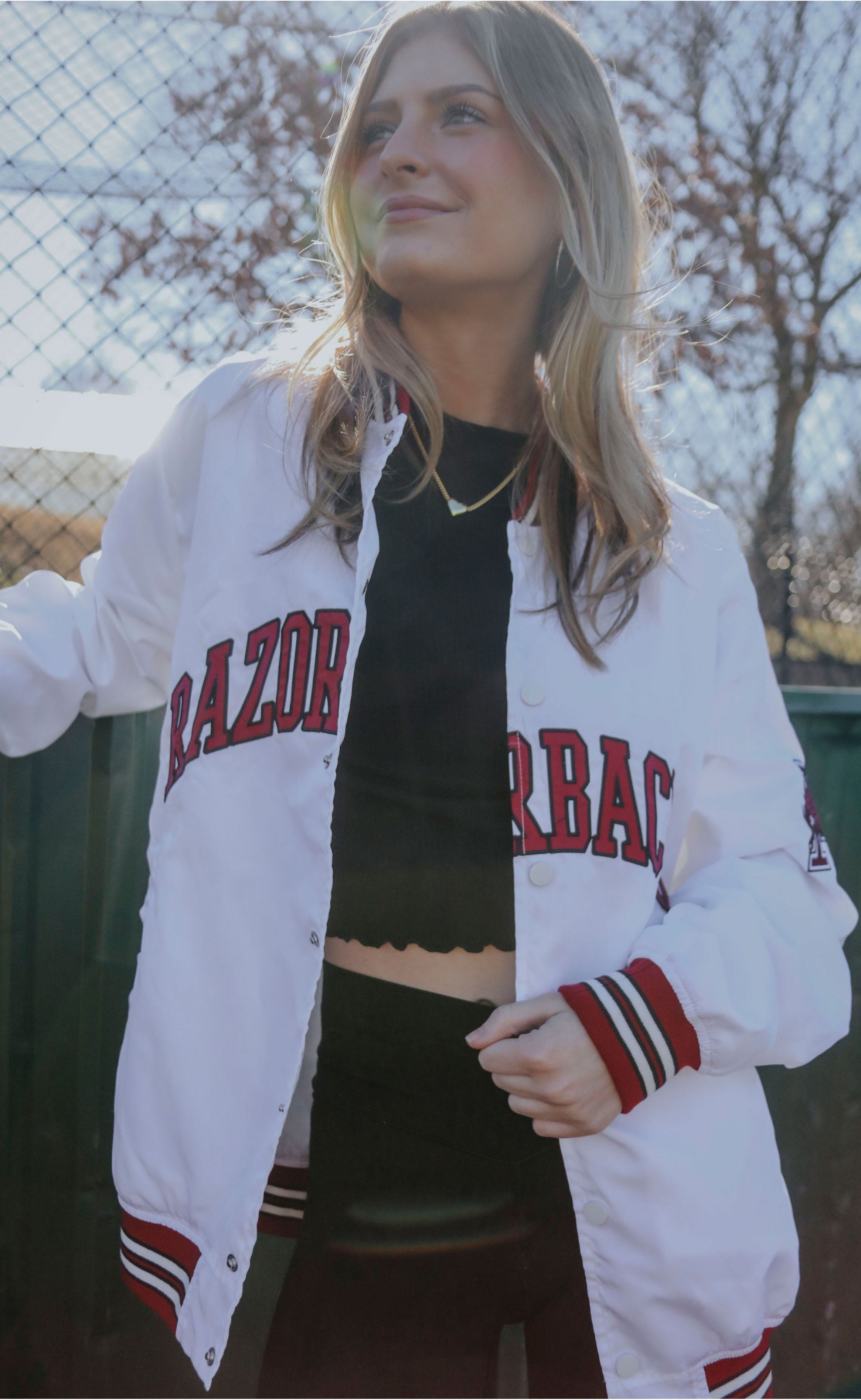 Arkansas Bomber Jacket – Clean White Style with Razorback Spirit