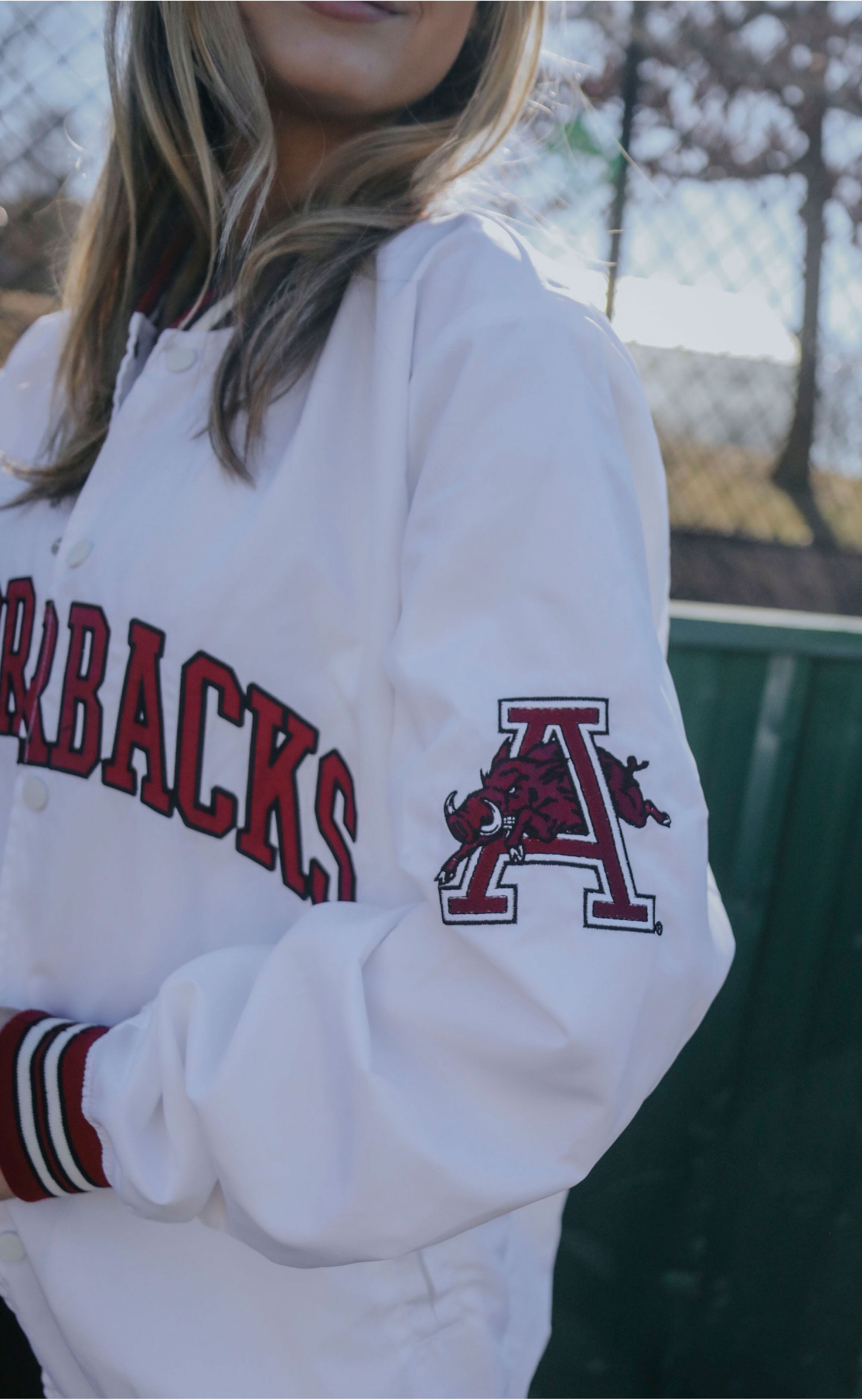 Arkansas Bomber Jacket – Clean White Style with Razorback Spirit